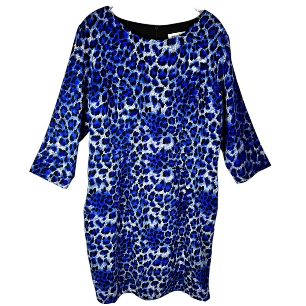 Shelby & Palmer Dress L Blue Leopard Print Sheath 3/4 Sleeve Animal Career‎